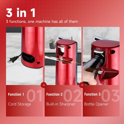 Davivy Electric Can Opener, Removable Stainless Steel Cutter and 3-in-1 Design with Sharpener and Bottle Opener (Red-Stainless Steel)