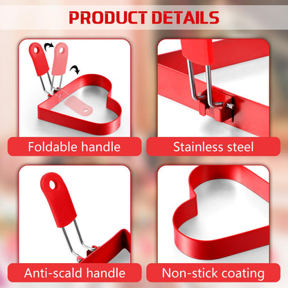 Patelai 6 Pcs Heart Pancake Mold Fried Hearts Shape Fried Egg Ring Set Stainless Steel Pancake Molds with Silicone Handle for Mothers Day Gift Breakfast Omelette Sandwich(Heart Style,4 Inch, 6 Inch)