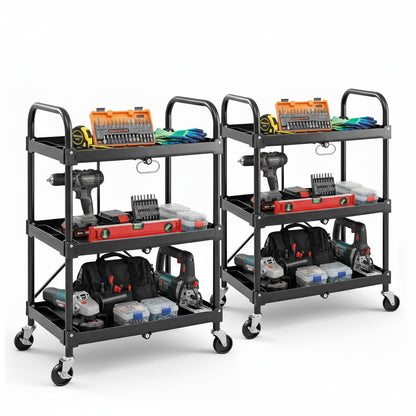 DUMOS 3-Tier Folding Utility Cart Set of 2, Collapsible Service Cart with 4 Swivel Wheels and Brakes, 120LBS Capacity & Collapsible Storage Rolling Cart for Kitchen, Office, Garden, Garage, Pure Black