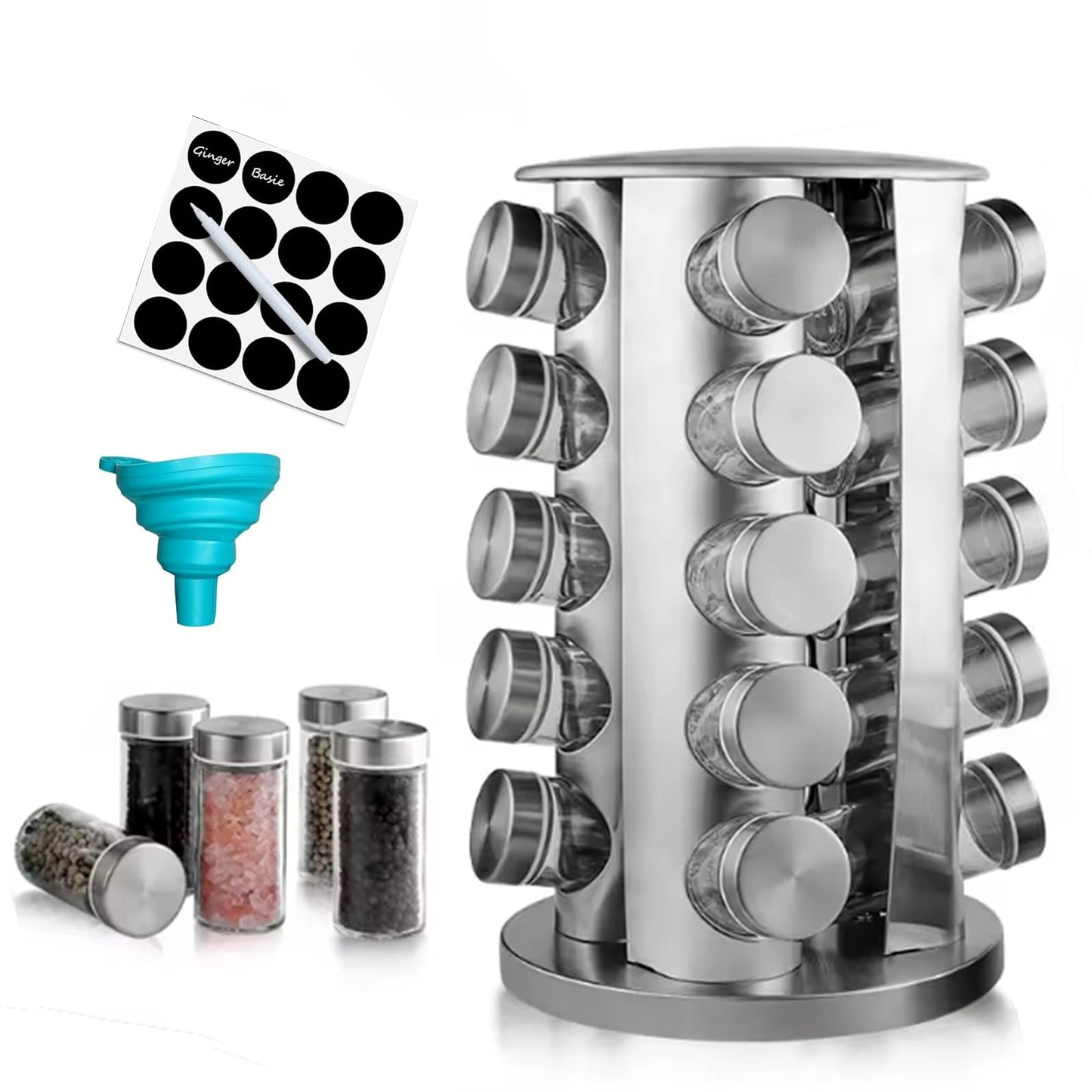 Ayedvan Revolving Spice Rack with 20 Jars, Rotating Spice Rack Organizer with Labels, Polished Stainless Steel with Black Caps, Stainless Steel Spice Carousel for Kitchen Countertop, Cabinet
