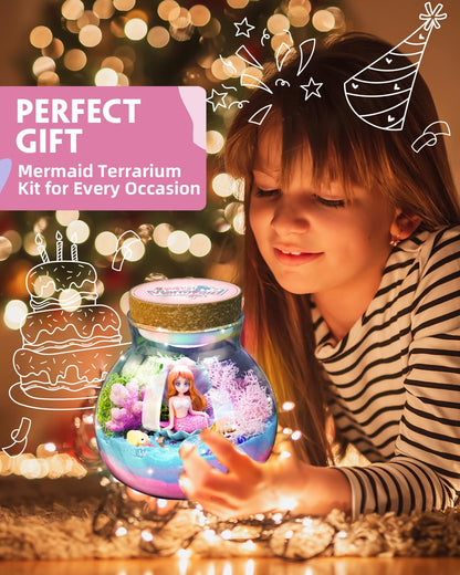 Winnrok Mermaid Terrarium Kit for Girls - DIY Night Light Craft with 13-Color LED, Remote & Timer. Ideal Easter Basket Stuffers, Birthday Gift for Kids Ages 4-8-12. Create Underwater Garden