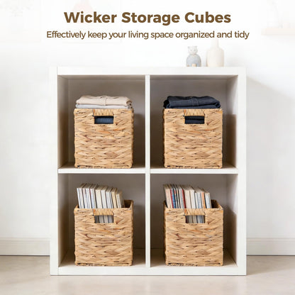 4 Pcs 9 Inch Wicker Cubes Storage Bins - Woven Water Hyacinth Storage Baskets, Foldable Bins with Handles, Collapsible Square Containers for Shelves, Closets, 8.7×8.7×8.7"