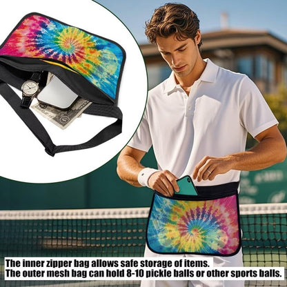 Kathyboom Tennis Ball Holder Rainbow Tie Dye Pickleball Waist Bag with No-Slip Belt, Holds 8-10 Balls for Pickleball, Golf, Running, Hands-Free