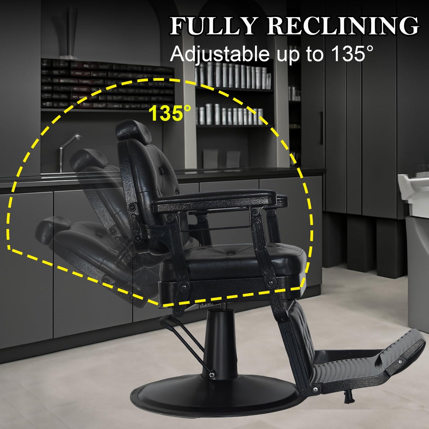 WINEDYOUNG Heavy Duty Vintage Recline Barber Chair All Purpose Reclining Salon Chair Hydraulic with Headrest, 360° Rotatable Barber Chair, Professional Salon Beauty Spa Shampoo Equipment