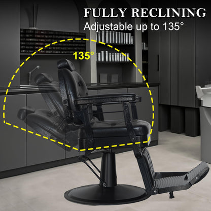 WINEDYOUNG Heavy Duty Vintage Recline Barber Chair All Purpose Reclining Salon Chair Hydraulic with Headrest, 360° Rotatable Barber Chair, Professional Salon Beauty Spa Shampoo Equipment