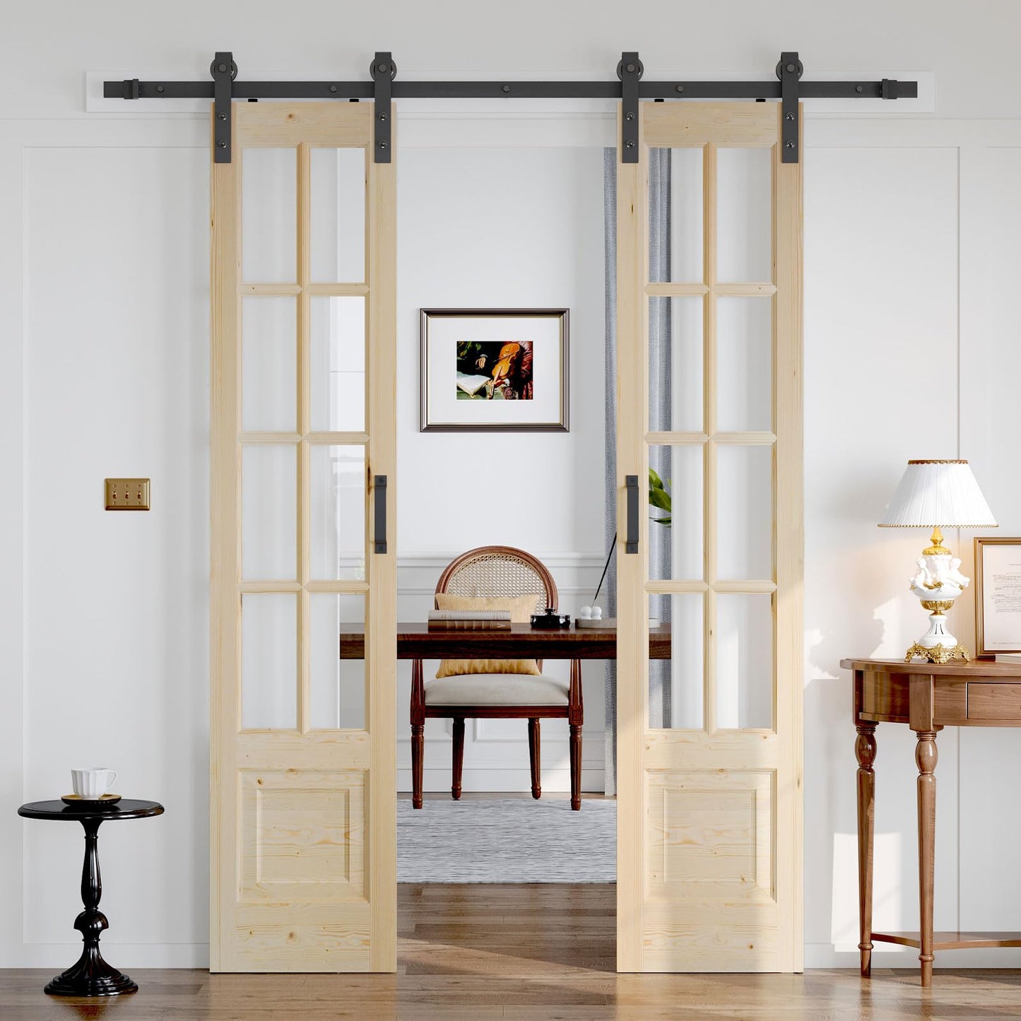Roymelo Preassembled 36x84 (Double 18x84) Inch Clear Glass French Interior Door with 6.6Ft Barn Door Hardware Kit Included, Spruce Wood Support DIY Dyeing, Easy Assembly