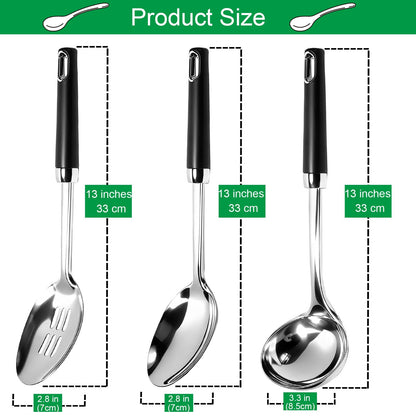 12" Stainless Steel Cooking Spoons Set & Serving Spoons Set with Heat-Resistant Handle, Slotted Spoon, Solid Spoon & Soup Ladle Kitchen Utensils Set for Effortless Home and Commercial Use, 3 Pack