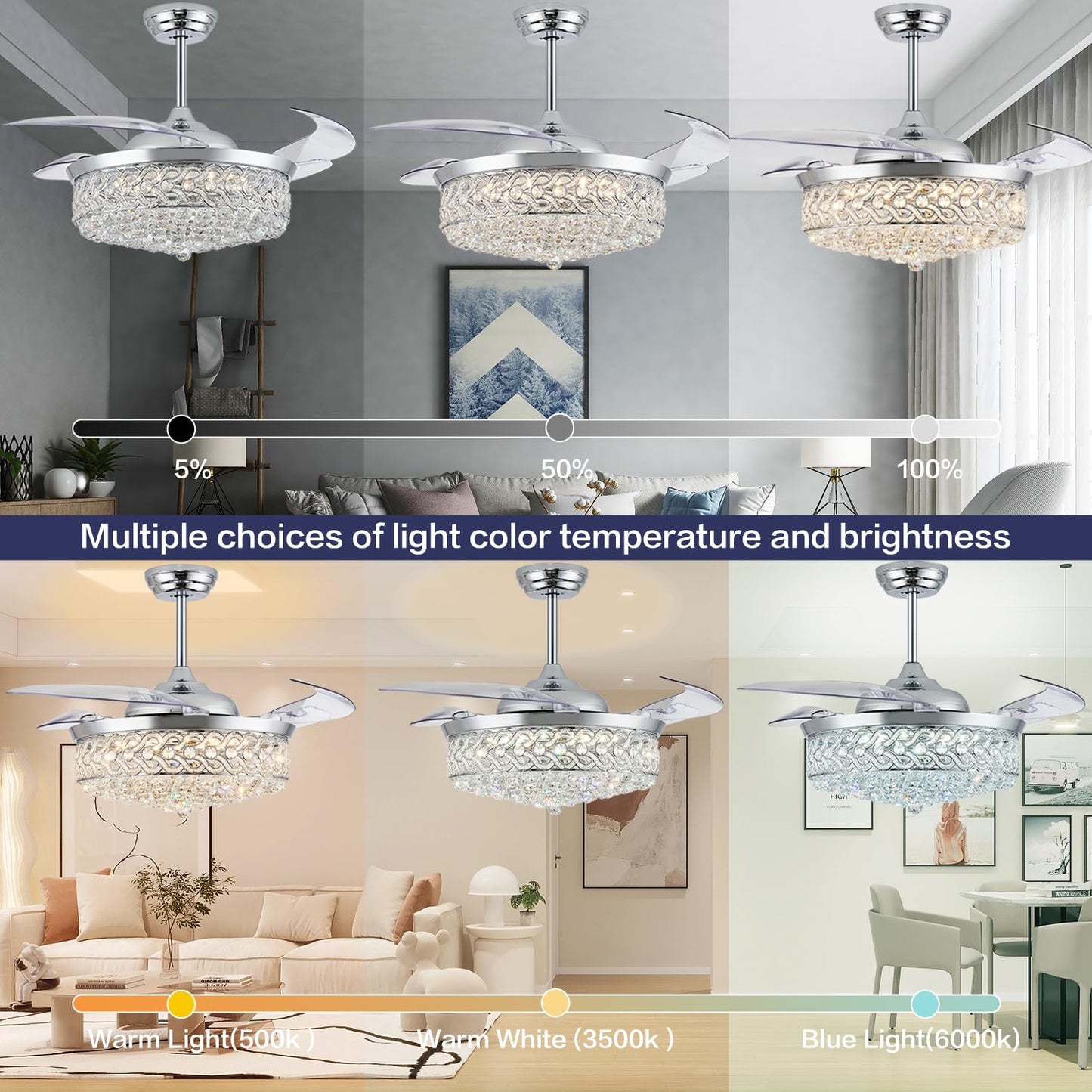 PAFRUMGE 52" Crystal Ceiling Fan with Light and Remote，Dimmable Fandelier with Invisible Retractable Blades, Modern Chandelier Ceiling Fans with Lights for Bedroom Living Room 6 Speed Chrome