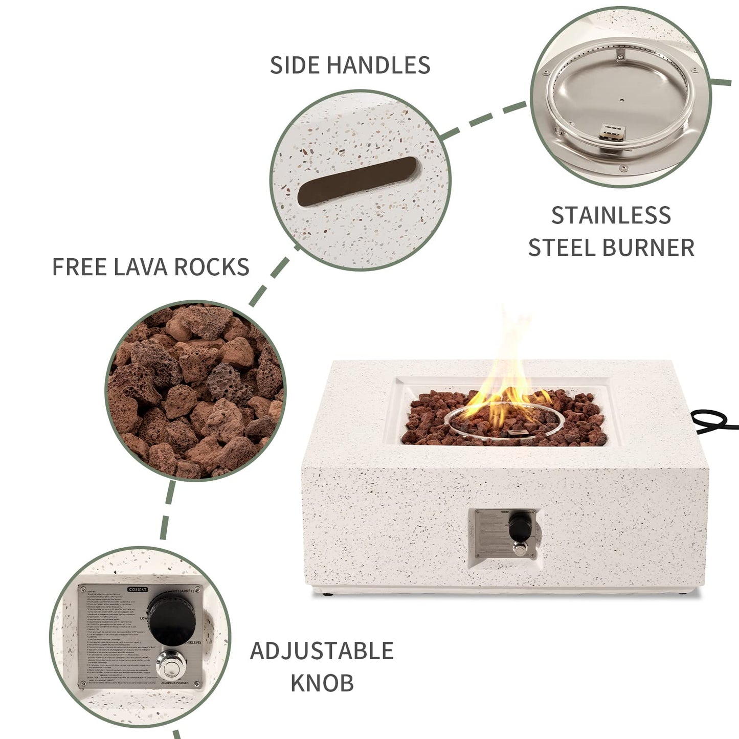 COSIEST Outdoor Propane Fire Pit Coffee Table w Square Faux Stone 35-inch Base, 50,000 BTU Stainless Steel Burner, Free Lava Rocks and Rain Cover