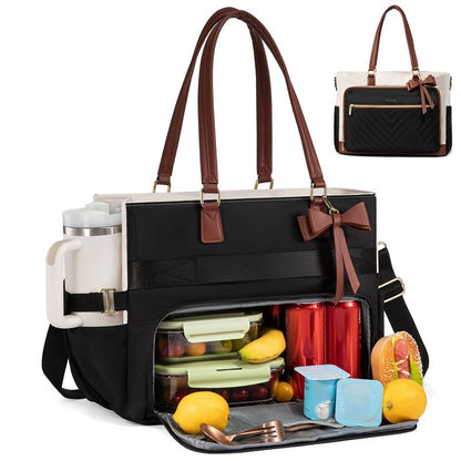 LOVEVOOK Lunch Bag, Tote Bag for Women with Insulated Lunch Compartment, Laptop Bag with Large Capacity & Cup Holder, Work Tote for Teacher, Nurse, Travel, College, Daily, Black-Beige-Brown, 15.6 Inch