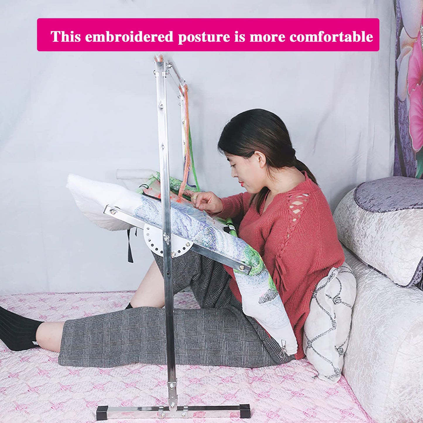 Embroidery Stand, Stainless Steel Needlework Floor Frame, Adjustable Cross Stitch Craft Stand, with 12 Hanging Wire Buckles, Standing Embroidery Lap Table, for Arts Crafts Sewing Needlework