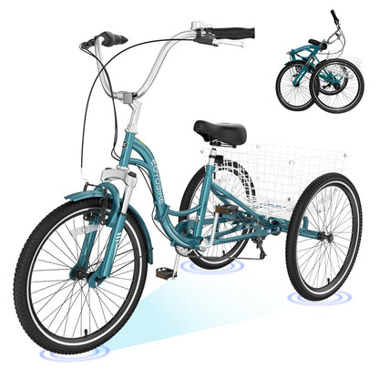 H&ZT Adult Tricycle, 3 Wheeled Bike, Trike Cruiser Bike, with 7-Speed Gear, Parking Brake Handle, Low Step, Large Rear Basket, Elderly Friendly, for Men, Women, and Teens