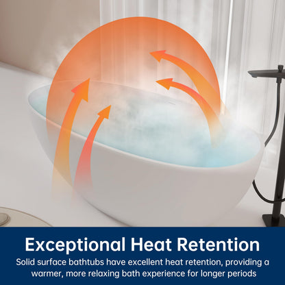 MEDUNJESS 61'' Resin Stone Soaking Bathtub Oval Solid Surface Freestanding Soaking Bathtubs Matte White Soaking Tub with Overflow and Pop up Drain - White