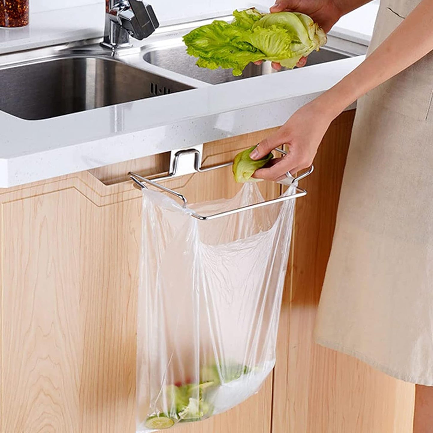 Large Stainless Steel Trash Bag Holder for Kitchen Cabinets, Under Sink Garbage Bag Holder, Waste Can