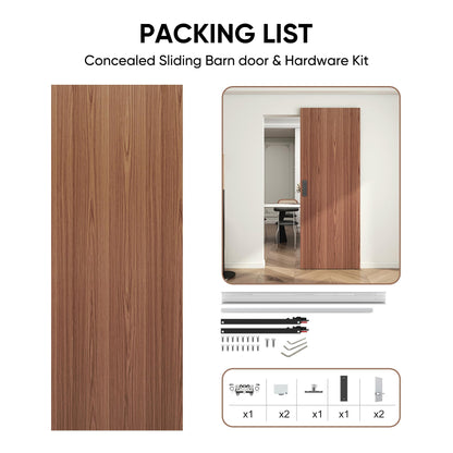 JUBEST 32"x86" Concealed Sliding Barn Door with Soft Close Hardware Kit, Brown Hidden Door for Opening 24"-28"x84", Waterproof and Modern, Smooth Sliding, for Interior Using, Widely Used