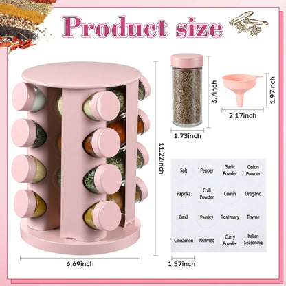 Yungyan Pink Rotating Spice Rack Seasoning Organizer with 16 Empty Jars, Spice Containers Set with Labels and Funnel, Revolving Seasoning Rack for Kitchen Accessories (Stainless Steel,Glass)