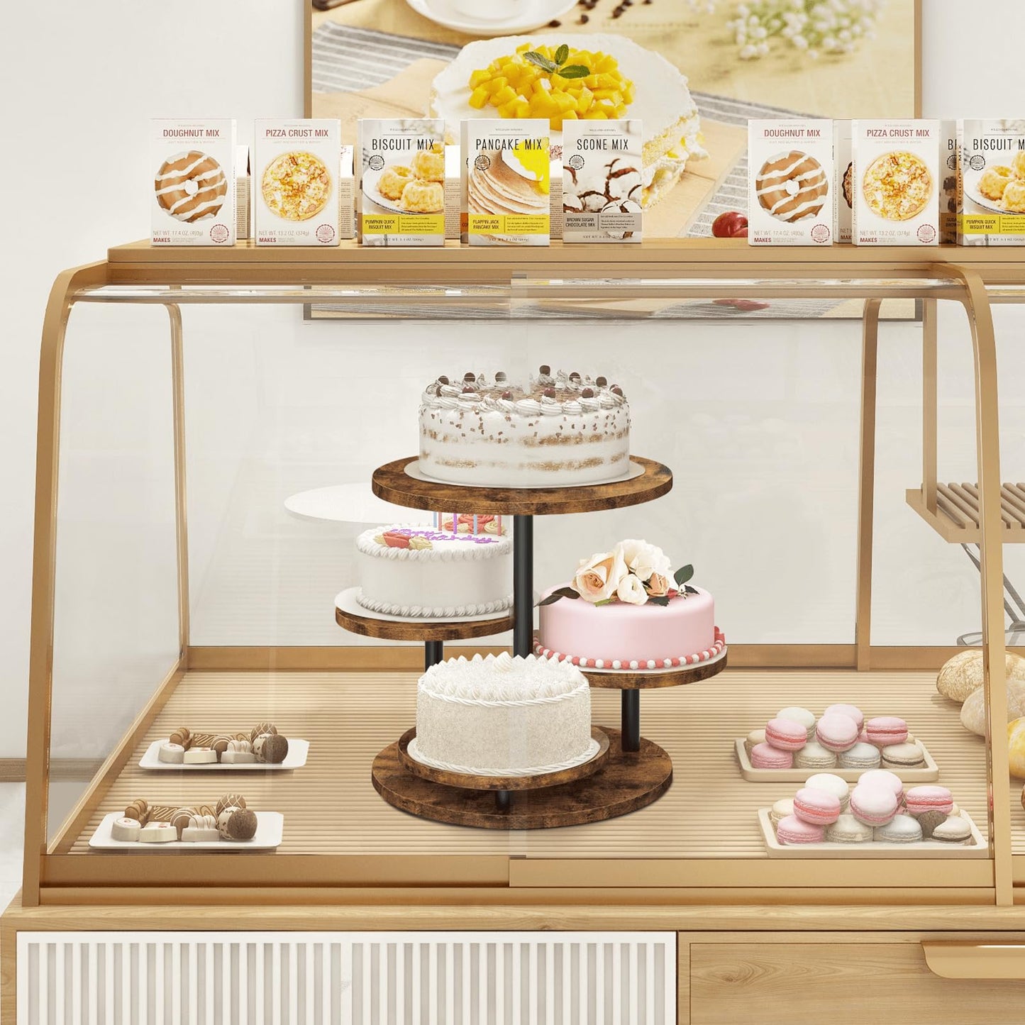 ELITEROO 4 Tier Round Cupcake Tower Stand for 50 Cupcakes, 360° Rotating Wood Cake Stand with Tiered Trays, Farmhouse Cookie Stand for Dessert Table Display for Wedding Birthday Baby Shower Tea Party