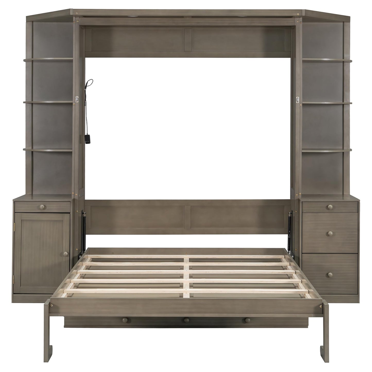 Merax Queen Murphy Bed with Desk and Storage, Hidden Wall Bed with Foldout Workstation, Shelves and Cabinets for Space-Saving Home Office, Gray