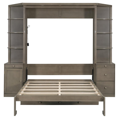 Merax Queen Murphy Bed with Desk and Storage, Hidden Wall Bed with Foldout Workstation, Shelves and Cabinets for Space-Saving Home Office, Gray