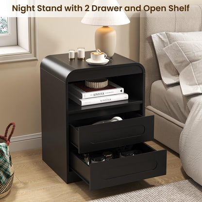 Night Stand Set of 2, 26" Tall Bedside Side Table with 2 Drawers and Open Storage, Curved Corners, Hidden Handle, Wood Nightstand, Modern Night Stands End Table for Sofa Couch (Black)