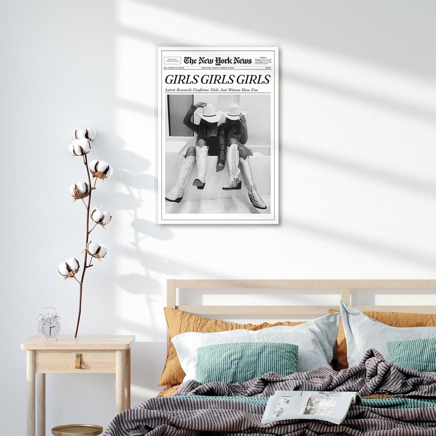 FBKDVC 16x24in Trendy Coastal Cowgirl Newspaper Wall Art Print Poster Black Canvas Wall Art Prints Girls Just Wanna