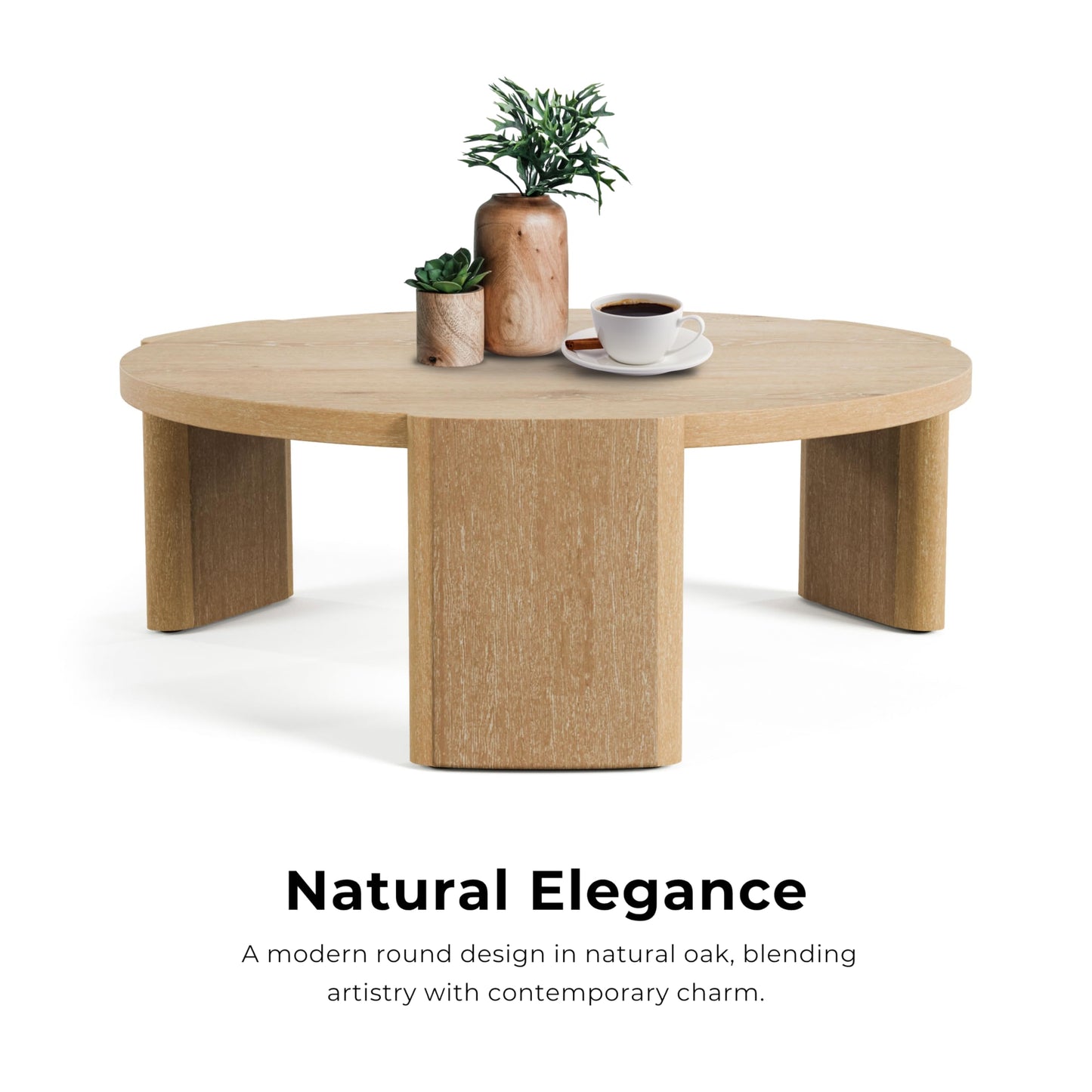Furniture of America Carys 42” Round Coffee Table, Solid Rubberwood & Oak Veneer, Modern Wood Living Room Table with Plinth Base, Oak Finish