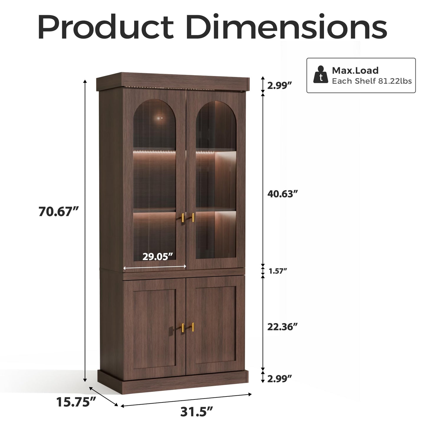 Trygoal 71'' Tall Display Cabinet with Glass Door, Mid Century Modern China Cabinet with LED Stripe, Kitchen Buffet Pantry Cupboard, Trophy Display Case for Living Room Dining Room Bedroom, Walnut