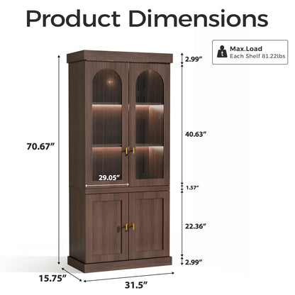Trygoal 71'' Tall Display Cabinet with Glass Door, Mid Century Modern China Cabinet with LED Stripe, Kitchen Buffet Pantry Cupboard, Trophy Display Case for Living Room Dining Room Bedroom, Walnut