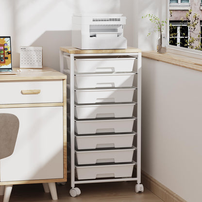 Rolling Cart with 8 Drawers, Storage Drawers Cart with Wooden Tabletop and Lockable Wheels, Craft Storage for Living Room, Office, Classroom, Craft Room, Bedroom