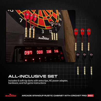 Arachnid Rustic Wood Cabinet: Freestanding LED Unit with E650 Electronic Board. Features 33 Games, 303 Variations, and 8-Player Scoring. Includes 6 Darts and Accessories for a Complete Setup