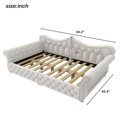 Merax Queen Size Upholstered Daybed with LED Lights, Convertible Sofa Bed, Tufted Daybed with Nailhead Trim, Wooden Frame Guest Bed for Living Room Bedroom, Beige