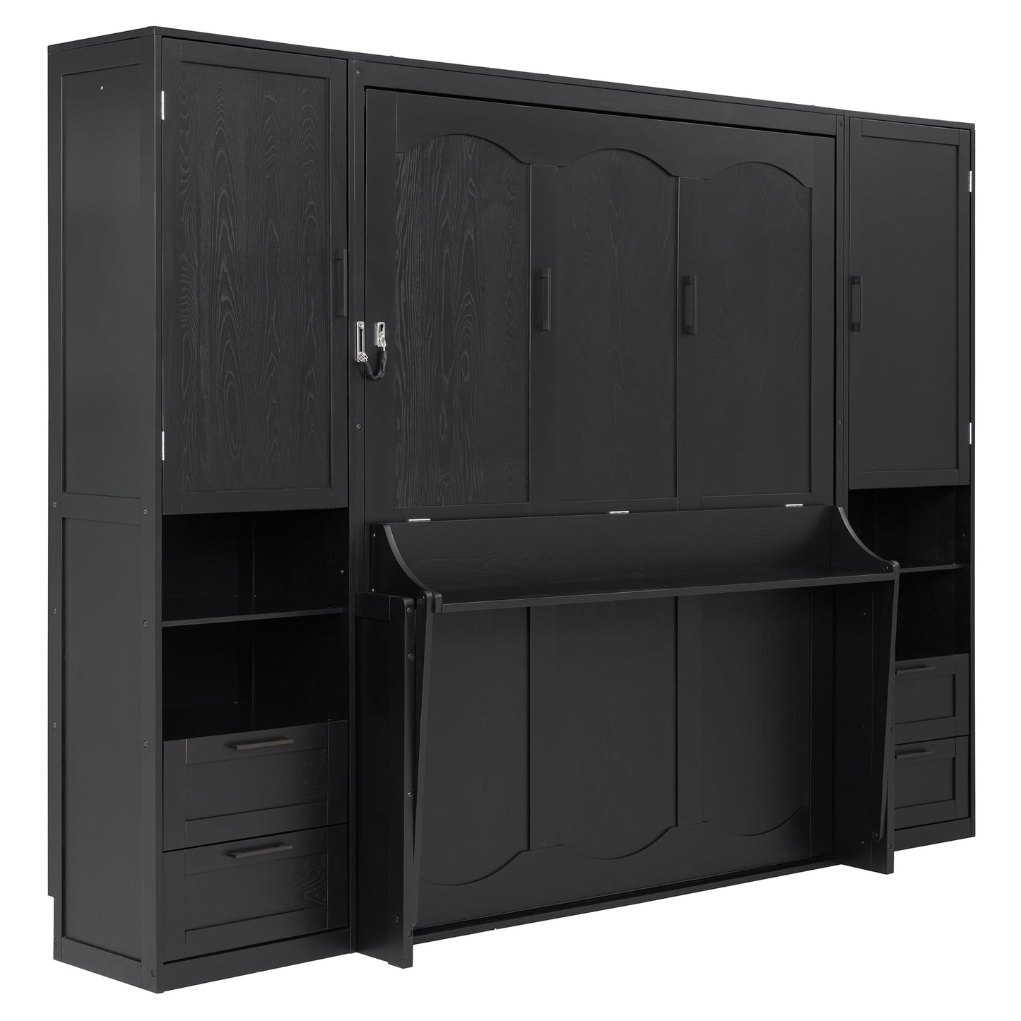 Merax Queen Size Murphy Bed with Desk, Multifunctional Foldable Wall Bed with Closet, Drawers and Shelves, Space-Saving Wood Bed Frame for Small Space Studio Study Office Guest Room, Black(Oak Veneer)