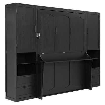 Merax Queen Size Murphy Bed with Desk, Multifunctional Foldable Wall Bed with Closet, Drawers and Shelves, Space-Saving Wood Bed Frame for Small Space Studio Study Office Guest Room, Black(Oak Veneer)