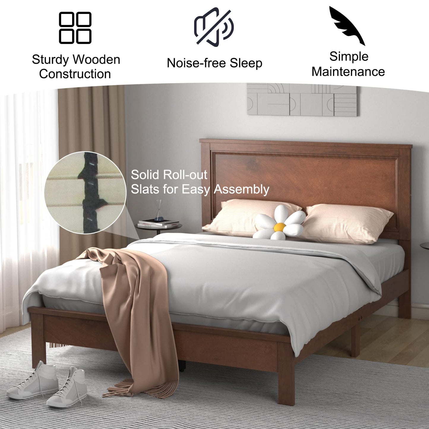 KOMFOTT Full Size Wood Platform Bed Frame with Headboard, Wooden Mid Century Platform Bed with Slat Support & Under Bed Storage, Mattress Foundation Bed Base, No Box Spring Needed, Walnut
