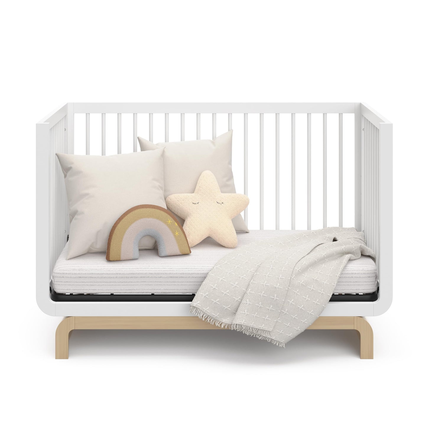Storkcraft Santorini 5-in-1 Convertible Crib with Toddler Guardrail – GREENGUARD Gold Certified, Conversion Kit Included, 100% Solid Wood, Fits Standard Crib Mattress (White and Driftwood)