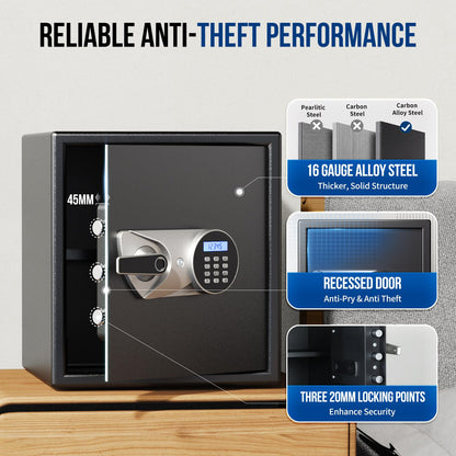 BlackSmith Biometric Safe Box 1.5 Cub Home Security Safe Fingerprint Recognition Money Safe with Keys Keypad Lock Box Secure Jewelry Valuables with Dual Alarm System Fireproof Bag, Black