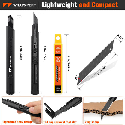 WRAPXPERT Utility Knife Retractable with 30 Degree Snap Off Blade,Box Cutter for Carton,Razor Knife Exacto Craft,3 Pack Retractable Knife for Office,Home Use,with 30 Extra 9mm Blades
