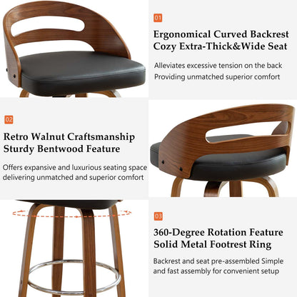 Bar Stools Set of 2, Swivel Bar Stools with Walnut Craftsmanship, Bentwood Curved Back, Upholstered Faux Leather, Soft Cushion Seat, Mid Century BarStools for Bar/Pub/Cafe (Black, 30" Seat Height)