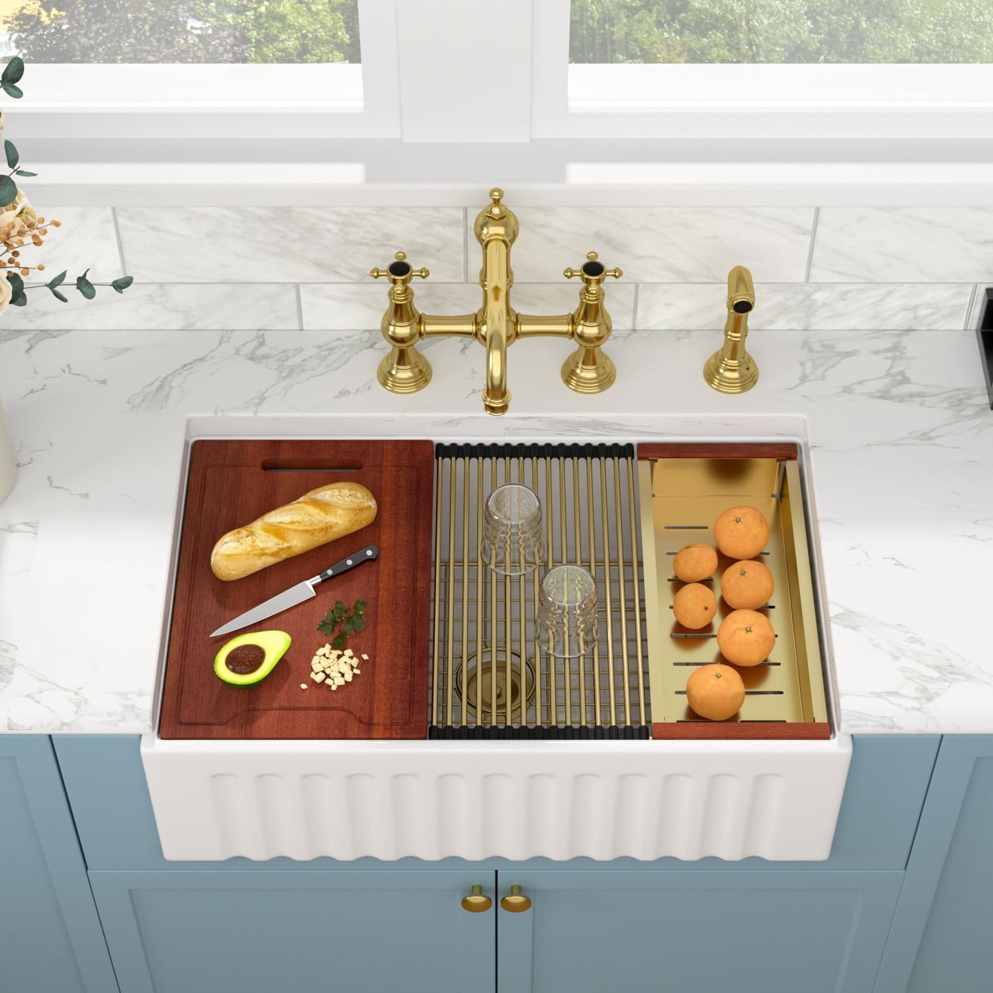 Sarlai White Farmhouse Sink - 33 Inch Farm Kitchen Sink Undermount Workstation Apron Front Reversible Ceramic Fireclay Single Bowl Farmer Sinks Basin 33 x 20 Inch With Gold Accessories