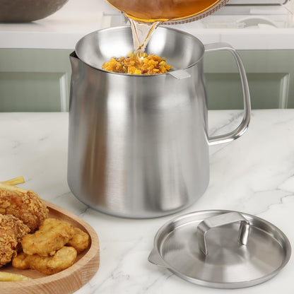68oz 304 Stainless Steel Oil Filter Pot, Heavy Duty Bacon Grease Container & Deep Fryer Basket, Large Capacity Multi-function Oil Filter Vessel with Strainer for Kitchen Storing Frying Cooking Grease