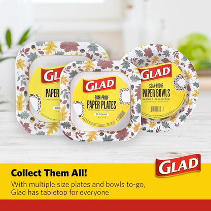 Glad Everyday Square Disposable Paper Plates with Falling Foliage Design, Small | Cut-Resistant, Microwavable Paper Plates for All Foods & Daily Use | 7 Inches, 50 Count - 12 Pack