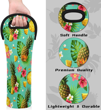Tropical Pineapple Pattern Wine Bag - Neoprene Leakproof Travel Tote with Handle, Reusable Cooler for Parties