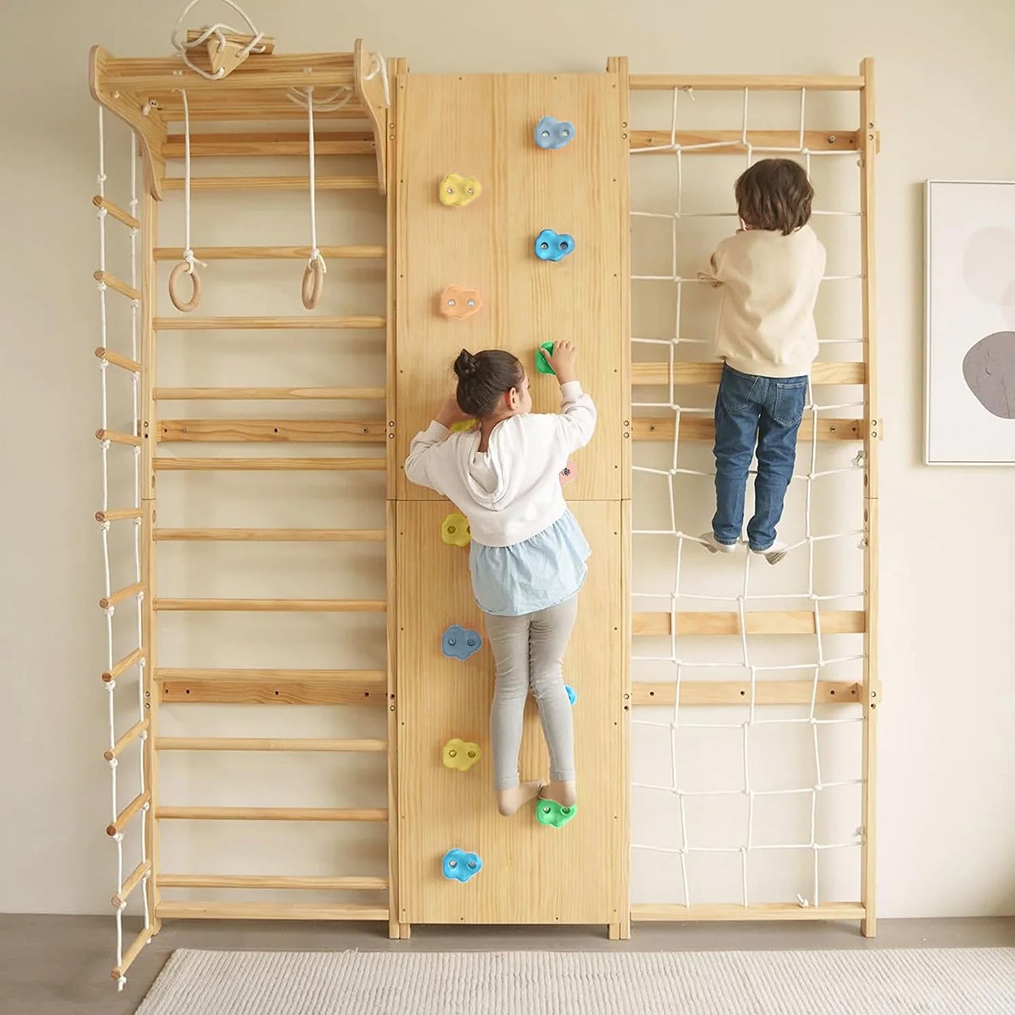 Avenlur Walnut 9-in-1 Swedish Ladder Wall Gym Set - 78.8 Inches - Trapeze Swing, Rope Ladder, Rock Wall, Rope Wall, Rock Ramp Climber, Slide, Pull-up Bar, Ladder and Swing