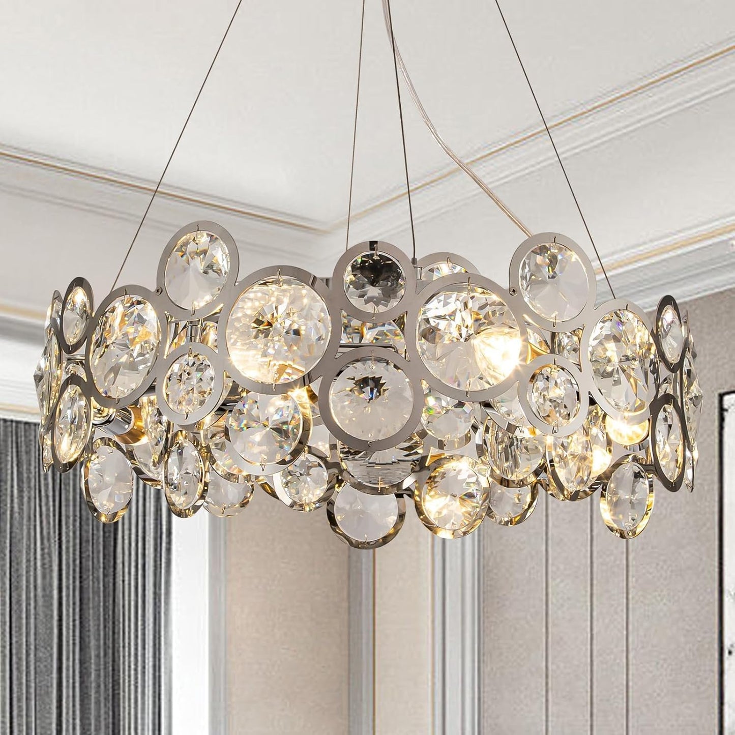 Wndtu Opal Unique Elegance Crystal Chandelier Luxury Round Crystal Modern Stainless Steel Chrome Pendant Ceiling Lights Fixture for Dining Room Living Room Kitchen Island Above Table D22