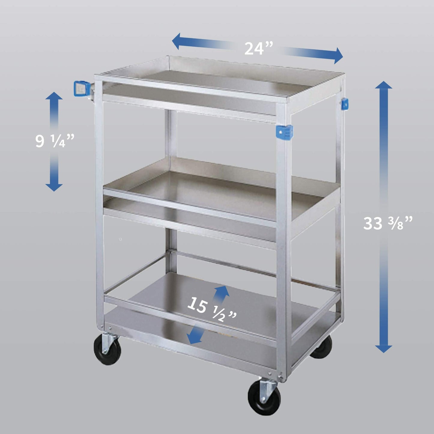 Lakeside Manufacturing 316 Guard Rail Utility Cart, Stainless Steel, 3 Shelves, 300 lb. Capacity (Fully Assembled)