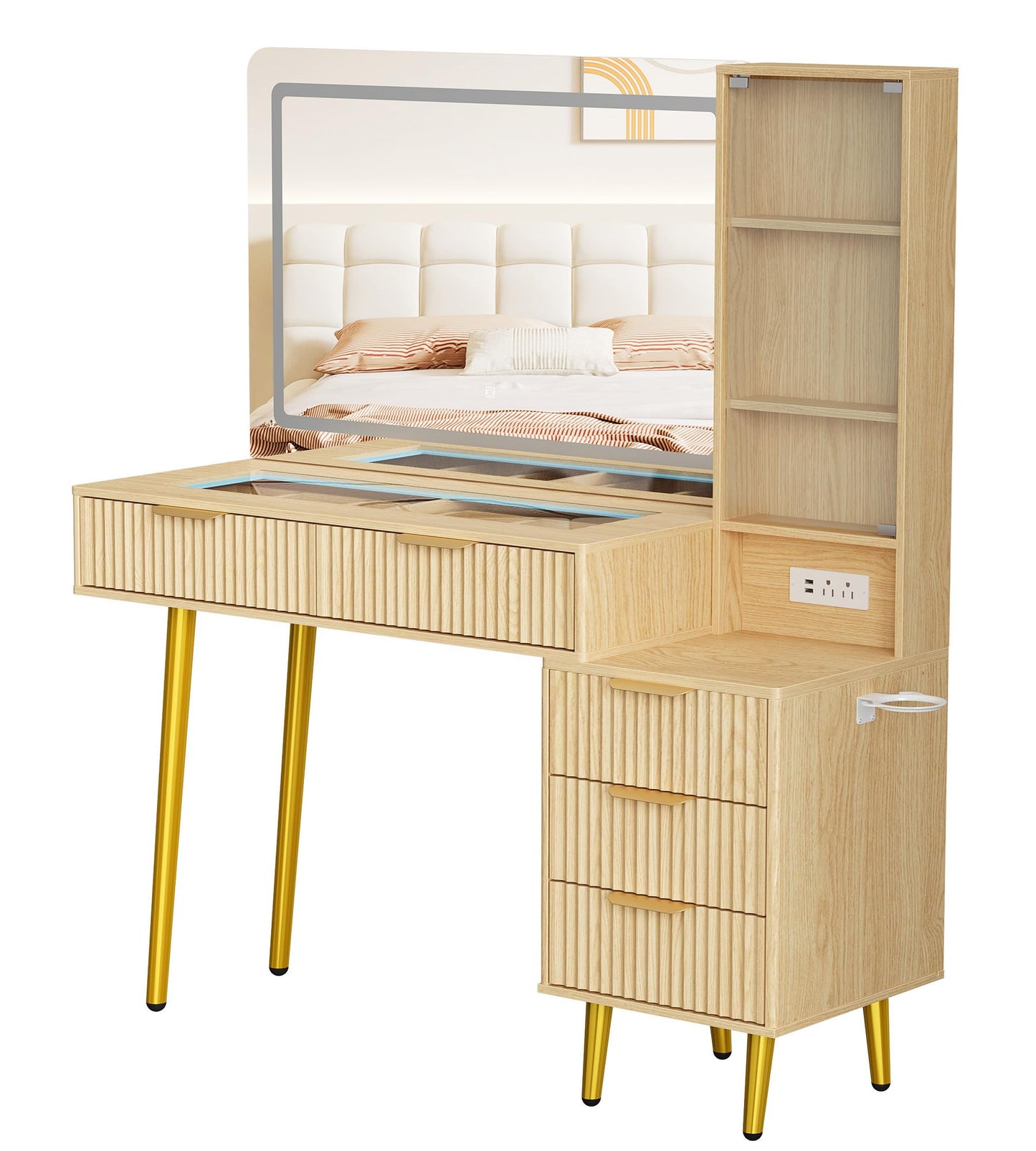 GarveeTech 48" Makeup Vanity Table, with 5 Drawers & 3-Tier Shelves, Fluted Vanity Desk with 36" Lighted Mirror, Charging Station, Wood Dressing Table with Glass Top, for Bedroom