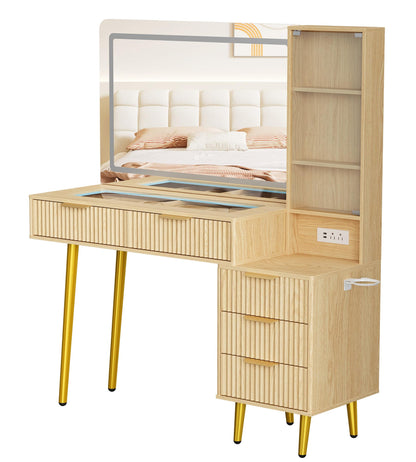 GarveeTech 48" Makeup Vanity Table, with 5 Drawers & 3-Tier Shelves, Fluted Vanity Desk with 36" Lighted Mirror, Charging Station, Wood Dressing Table with Glass Top, for Bedroom