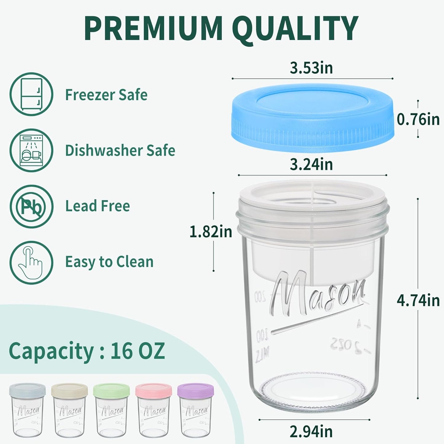16 oz 6-Pack Xyptorix Overnight Oats Containers with Lids, Leak-Proof Wide Mouth Mason Jars & Separate Compartments