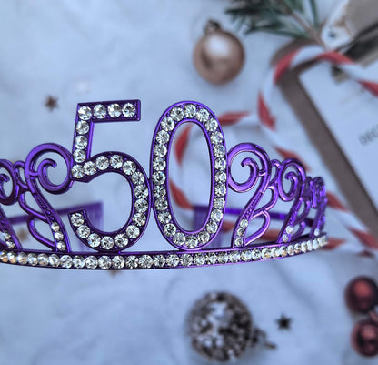 Mayin Purple Glitter Crystal Rhinestone Tiara Crown and Sash for 50th Birthday Party Supplies and Decorations