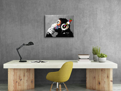 Wieco Art Black Framed Monkey With Headphones Banksy Graffiti Art Abstract Canvas Paintings Prints Animal Canvas Wall Art for Wall Decor and Home decorations Office Decor
